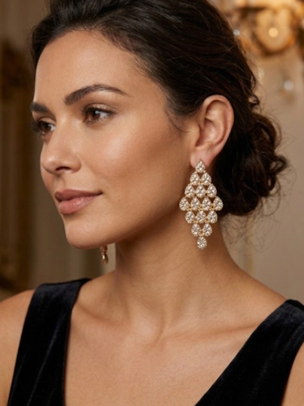 New Women's Gold Crystals Statement Coktail Teardrop Earrings Formal Jewelry